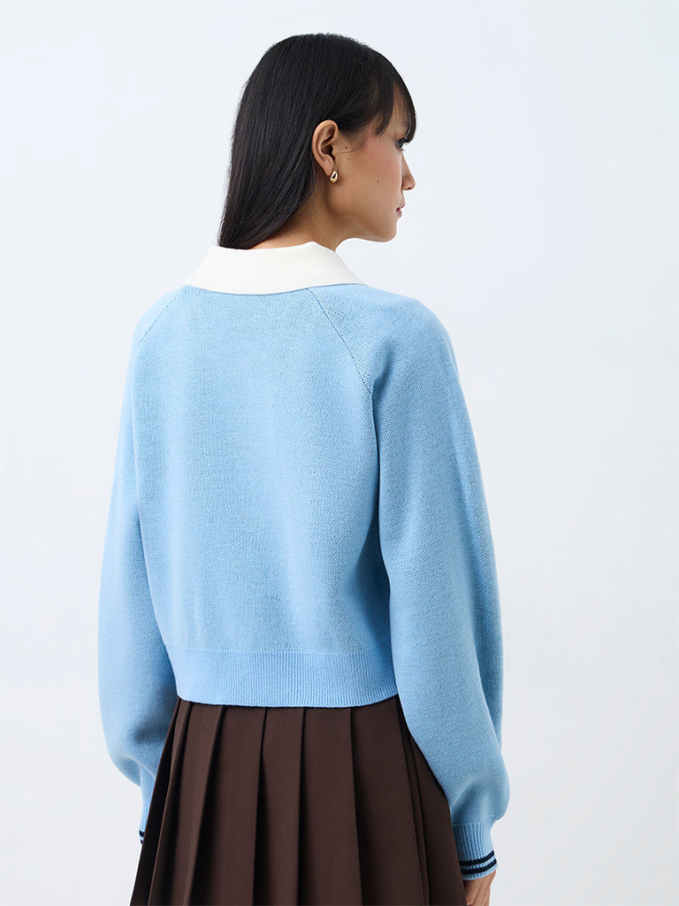 Nuon Light Blue Text Printed Knitted Sweater