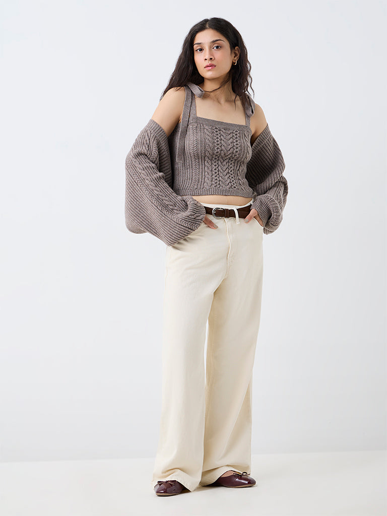 Nuon Taupe Cable-Knit Top with Cardigan