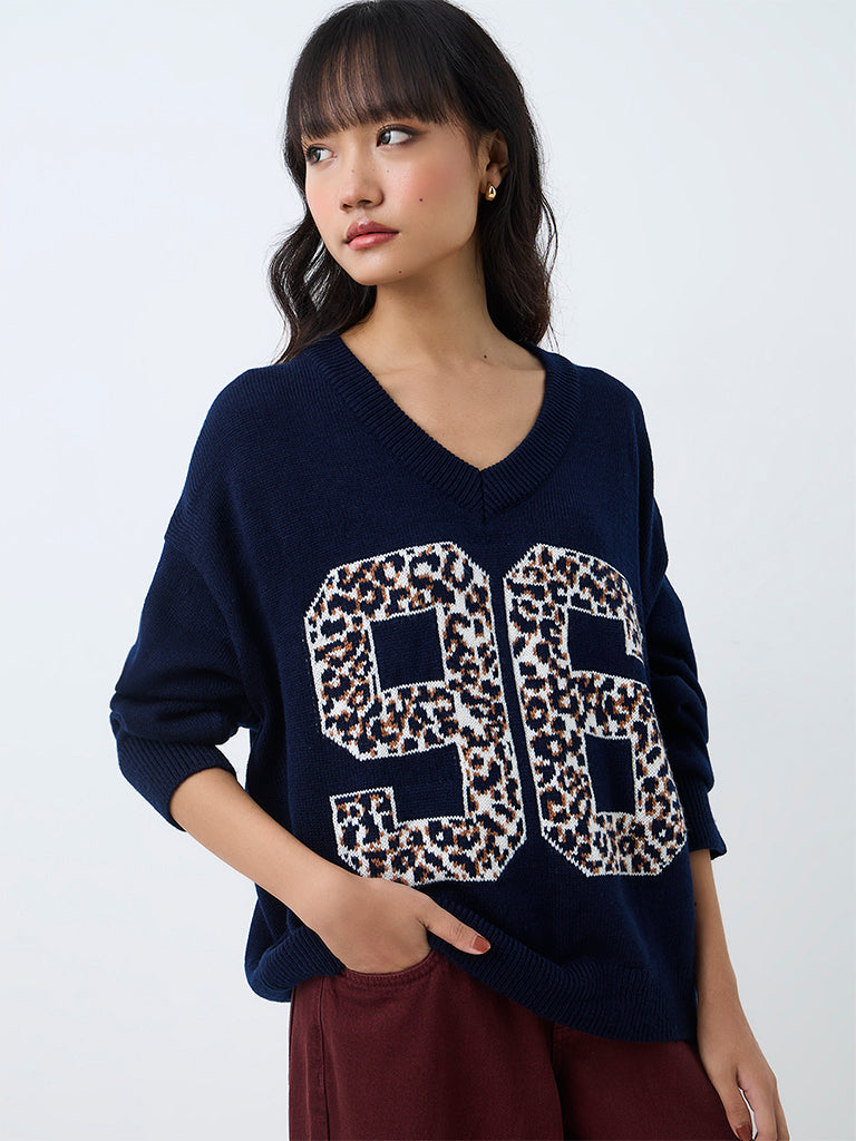 Nuon Navy Numerical Design Knitted Sweater