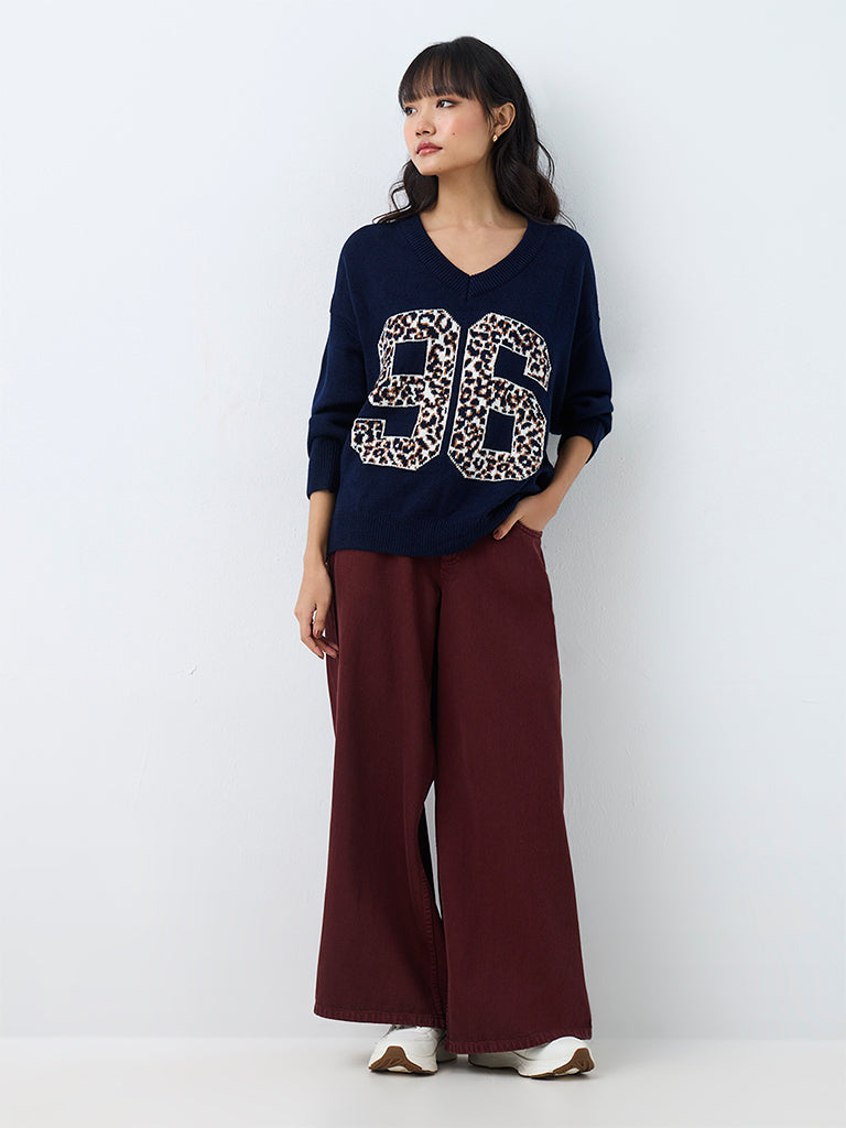 Nuon Navy Numerical Design Knitted Sweater