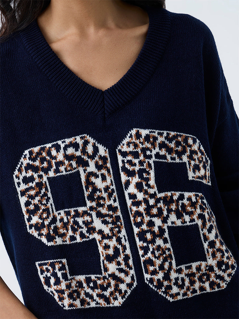 Nuon Navy Numerical Design Knitted Sweater