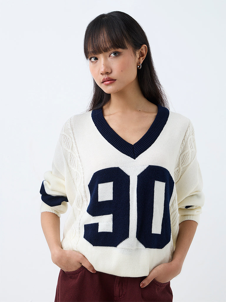 Nuon Off-White Numerical Design Knitted Sweater