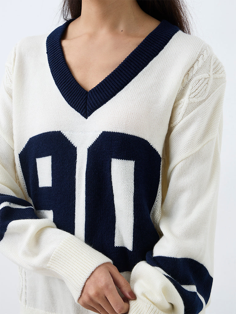 Nuon Off-White Numerical Design Knitted Sweater