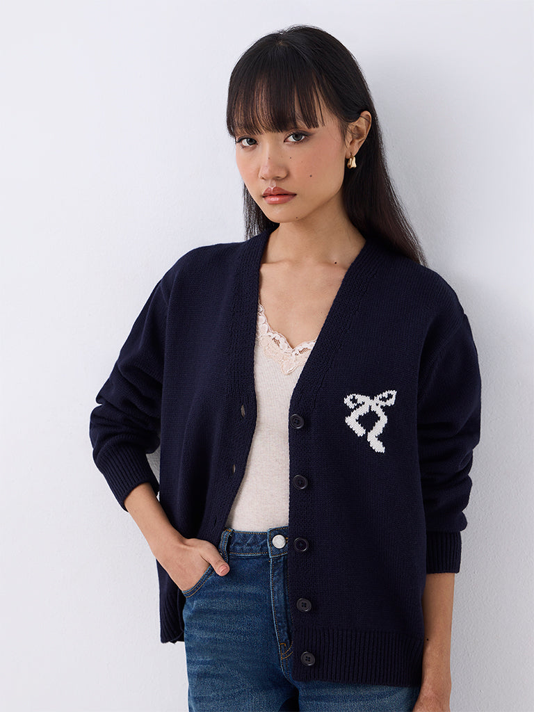 Nuon Navy Bow Design Knitted Cardigan