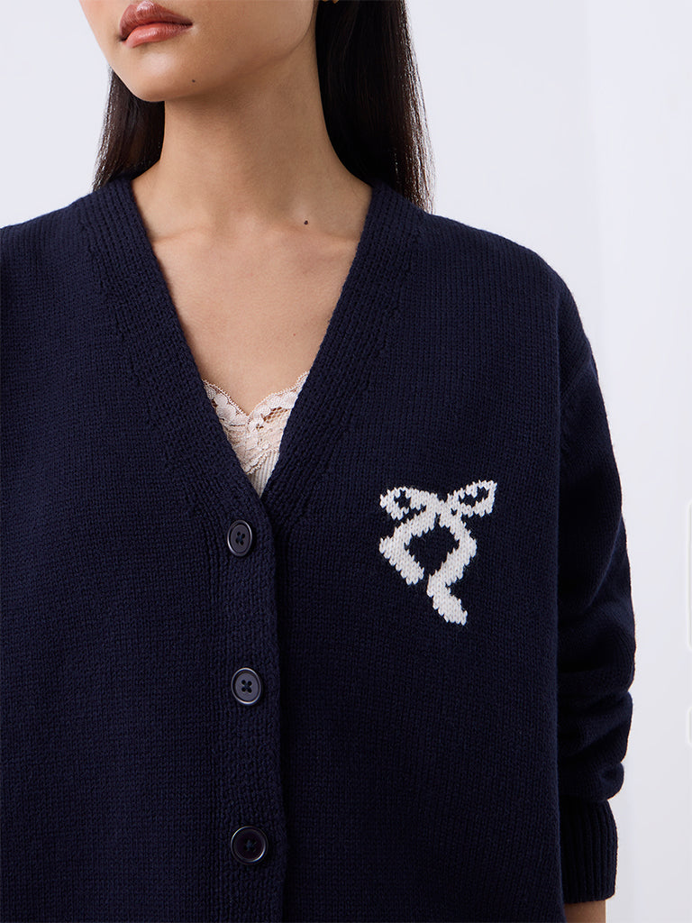Nuon Navy Bow Design Knitted Cardigan