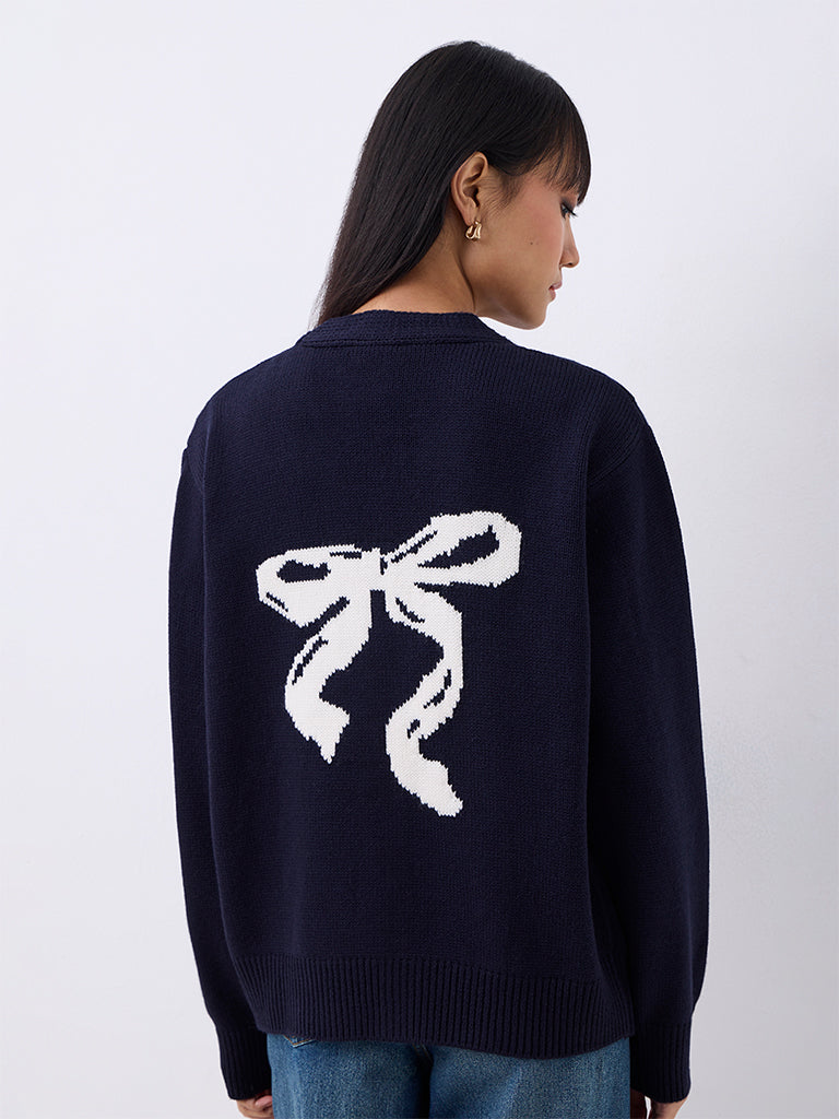 Nuon Navy Bow Design Knitted Cardigan