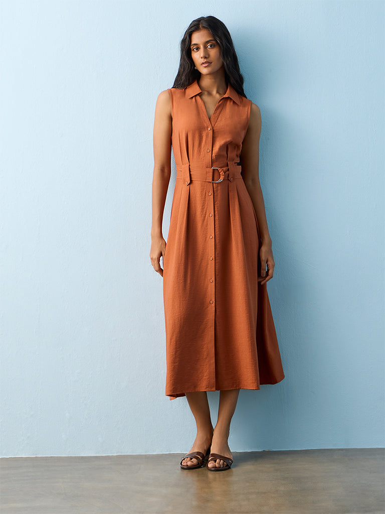 Buy LOV Rust Cotton Shirt Dress with Belt from Westside