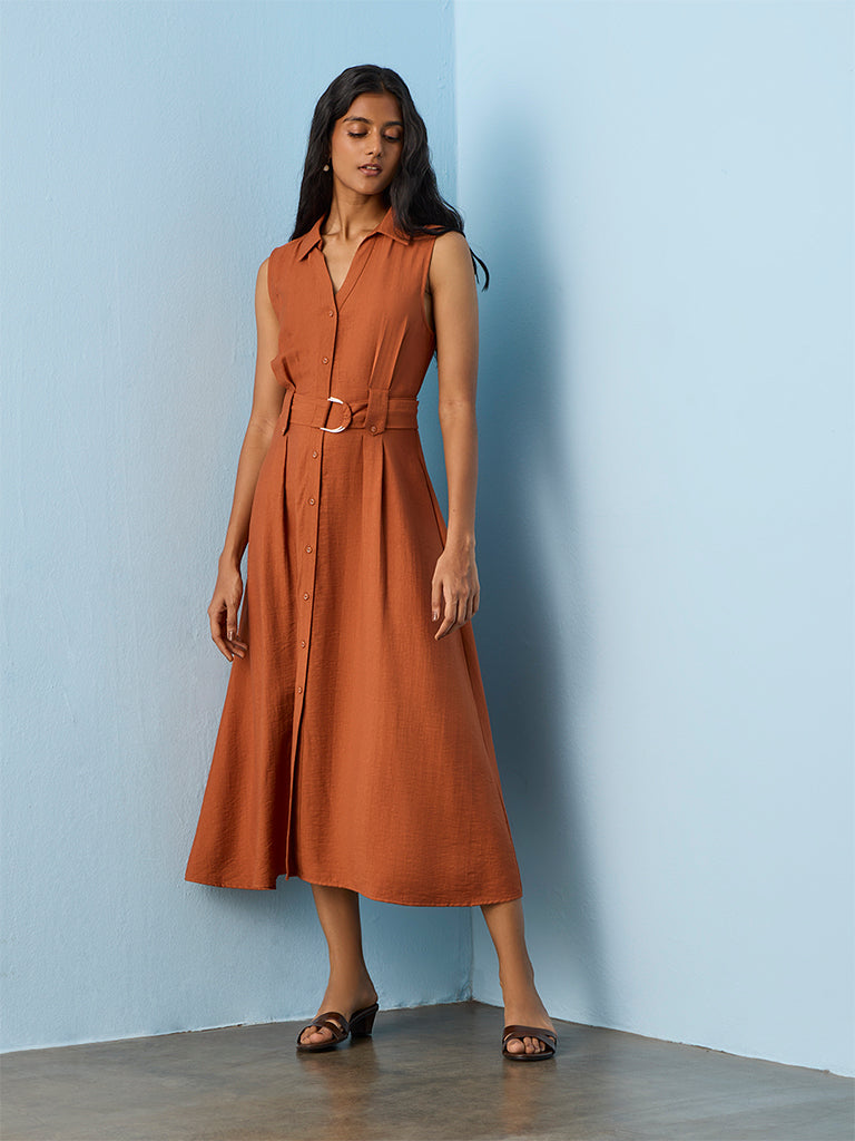 Buy LOV Rust Cotton Shirt Dress with Belt from Westside