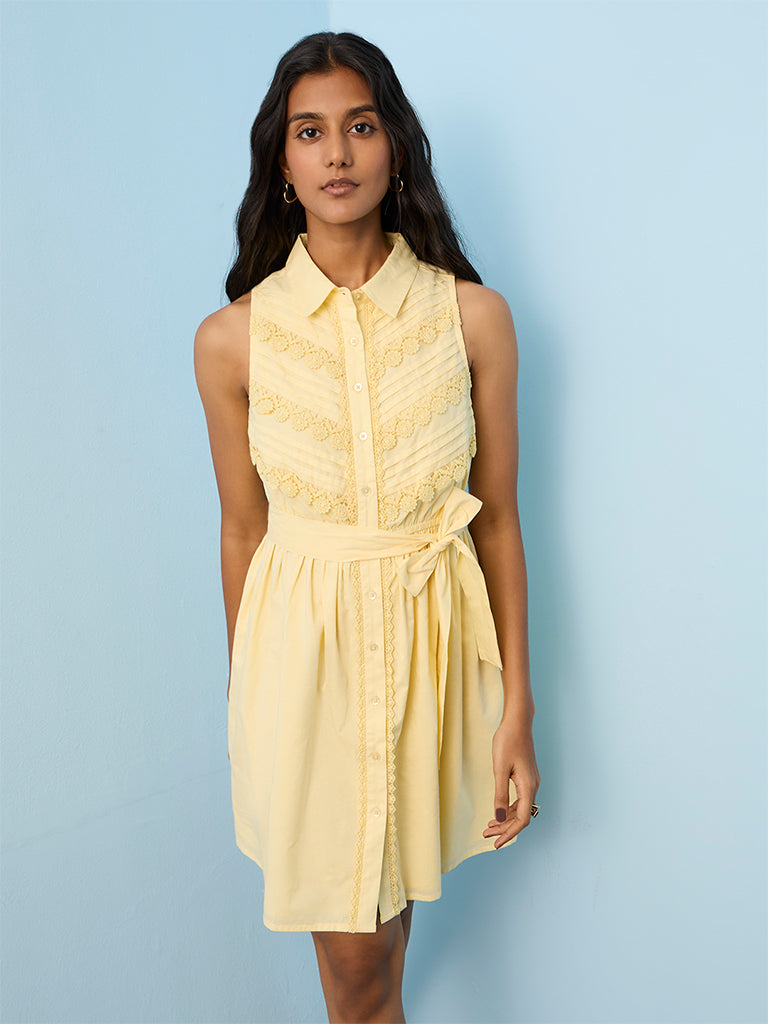 LOV Yellow Floral Embroidered Cotton Shirt Dress