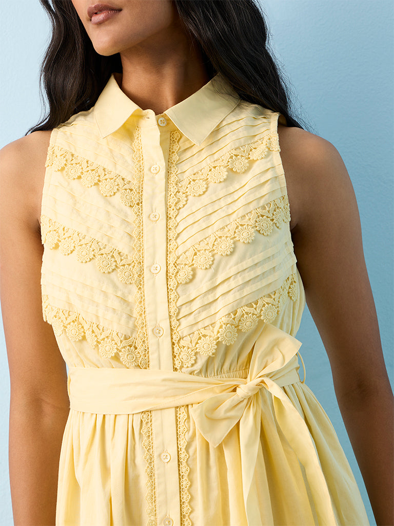 LOV Yellow Floral Embroidered Cotton Shirt Dress