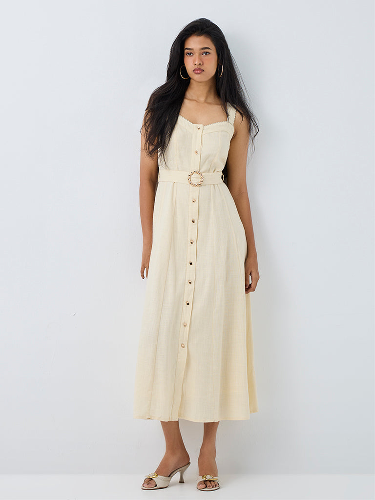 LOV Light Yellow  Midi A-Line Dress with Belt