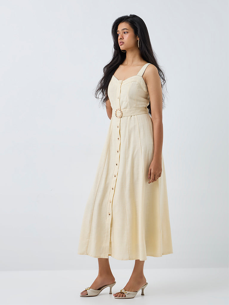 LOV Light Yellow  Midi A-Line Dress with Belt