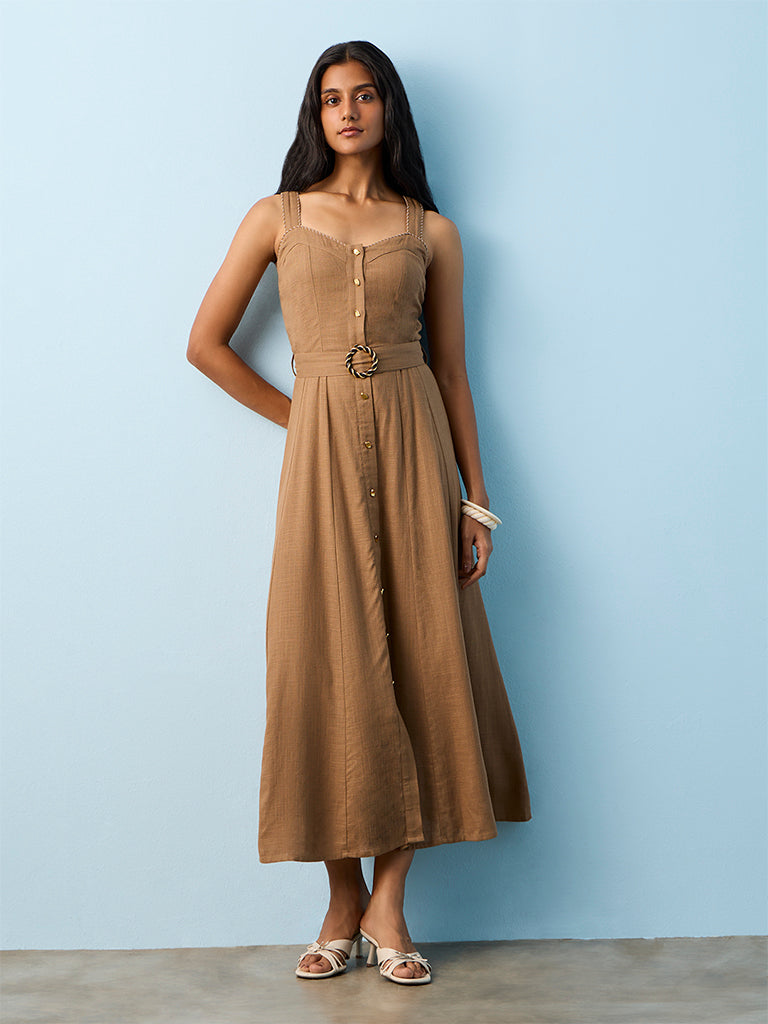 LOV Brown Solid Linen-Blend A-Line Dress with Belt