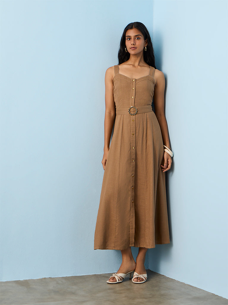 LOV Brown Solid Linen-Blend A-Line Dress with Belt
