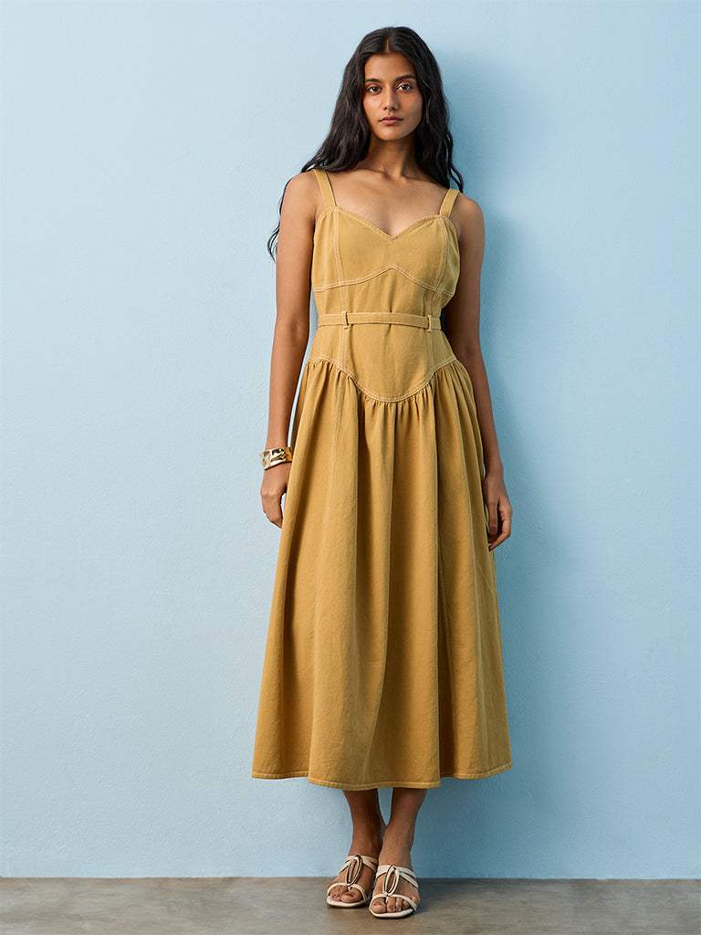 LOV Khaki Cotton A-Line Dress with Belt