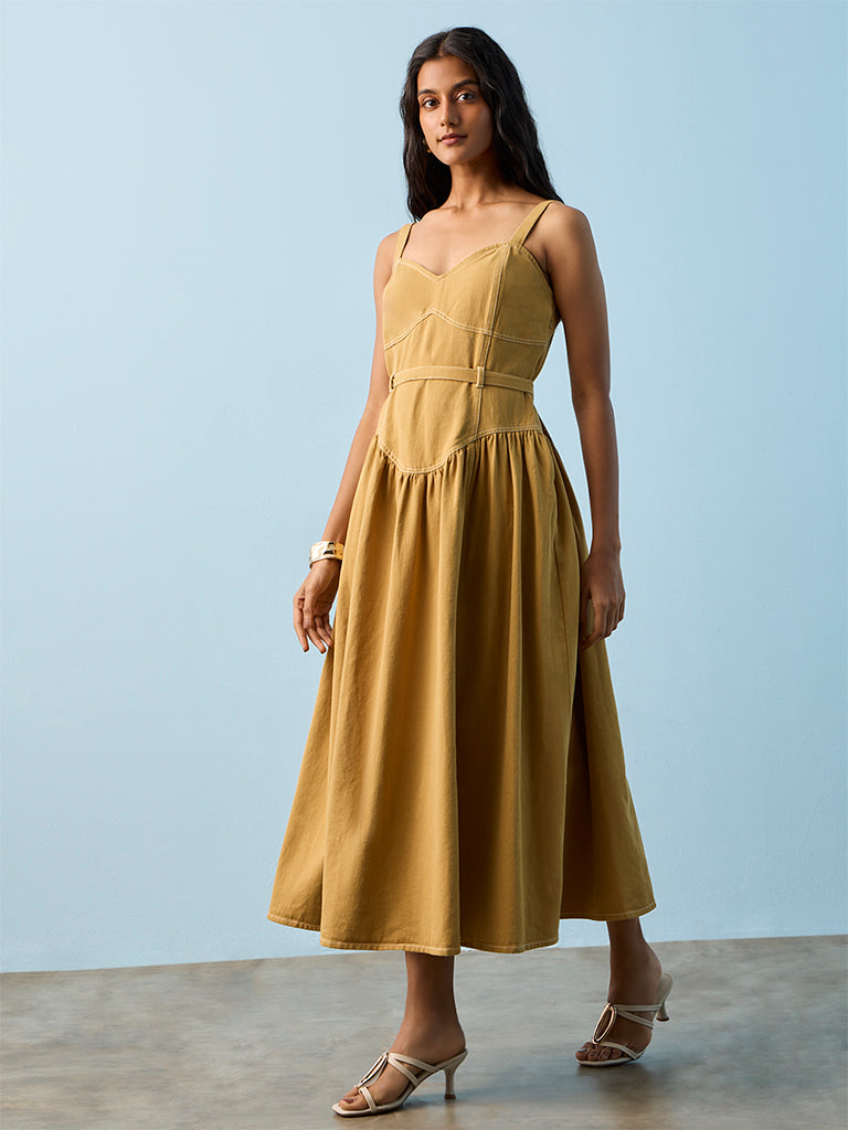 LOV Khaki Cotton A-Line Dress with Belt