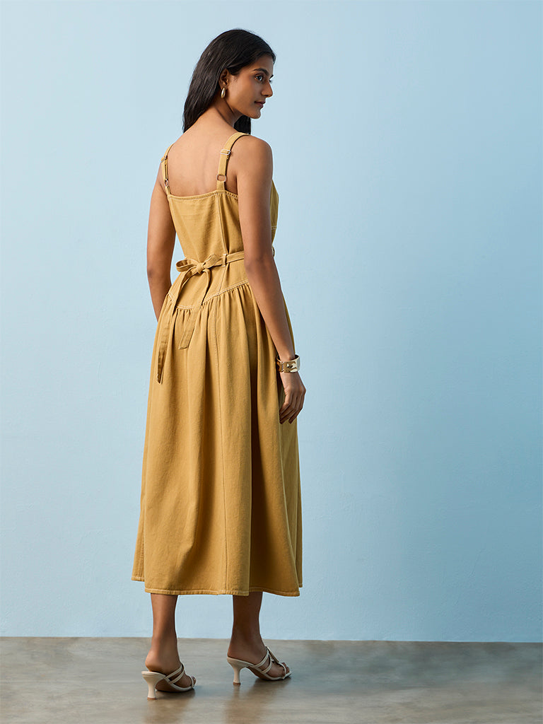 LOV Khaki Cotton A-Line Dress with Belt