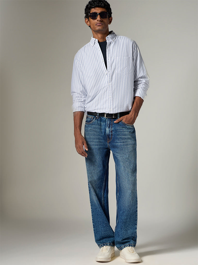 WES Casuals Dark Blue Washed Straight-Fit Mid-Rise Jeans