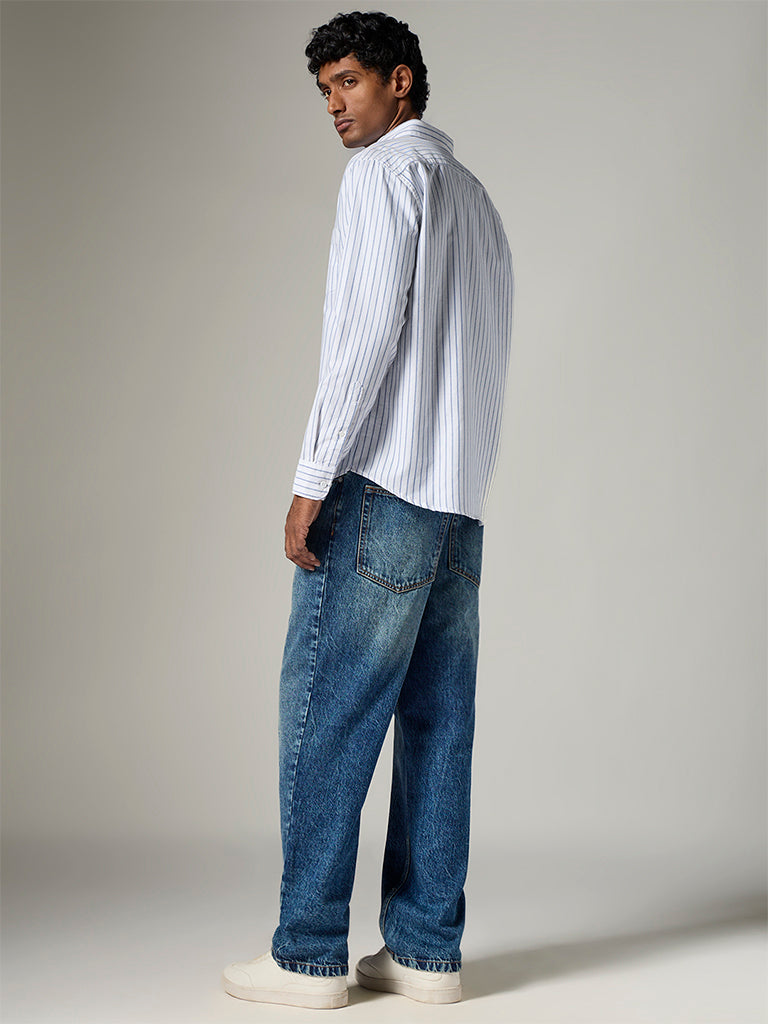 WES Casuals Dark Blue Washed Straight-Fit Mid-Rise Jeans