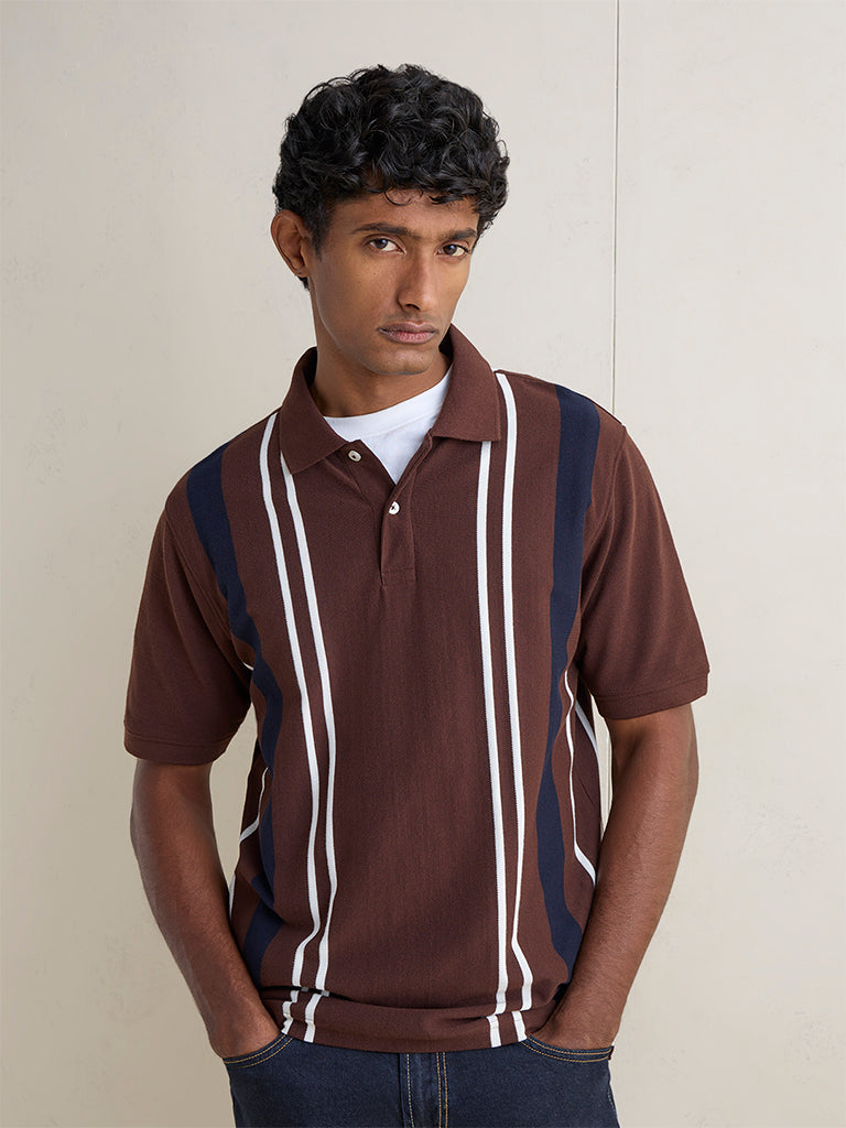 WES Casuals Dark Brown Relaxed-Fit Cotton-Blend Polo T-Shirt