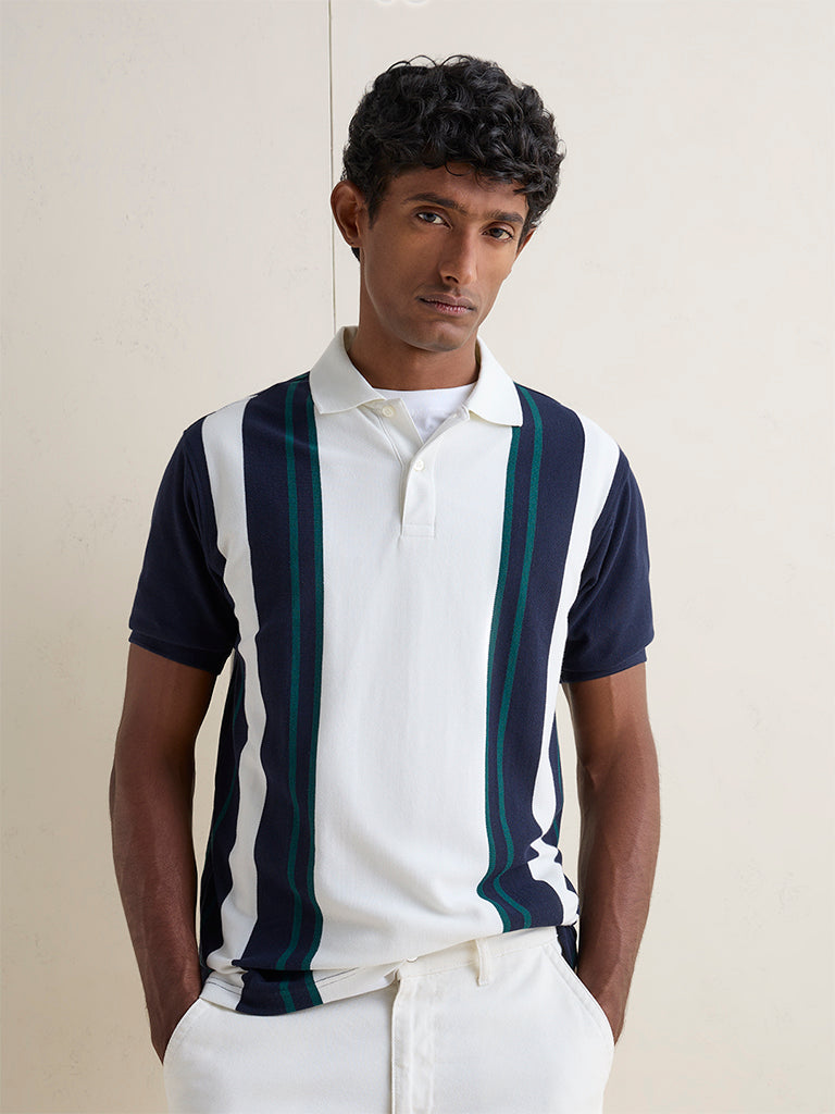 WES Casuals Off-White Striped Relaxed-Fit Cotton-Blend Polo T-Shirt