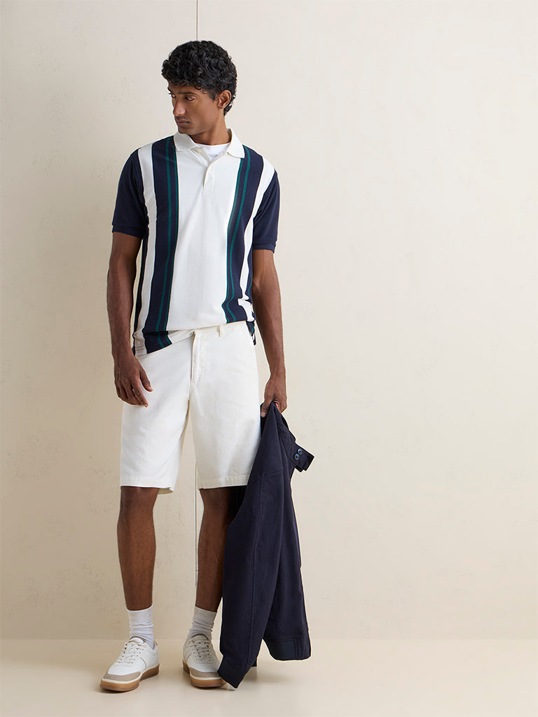 WES Casuals Off-White Striped Relaxed-Fit Cotton-Blend Polo T-Shirt