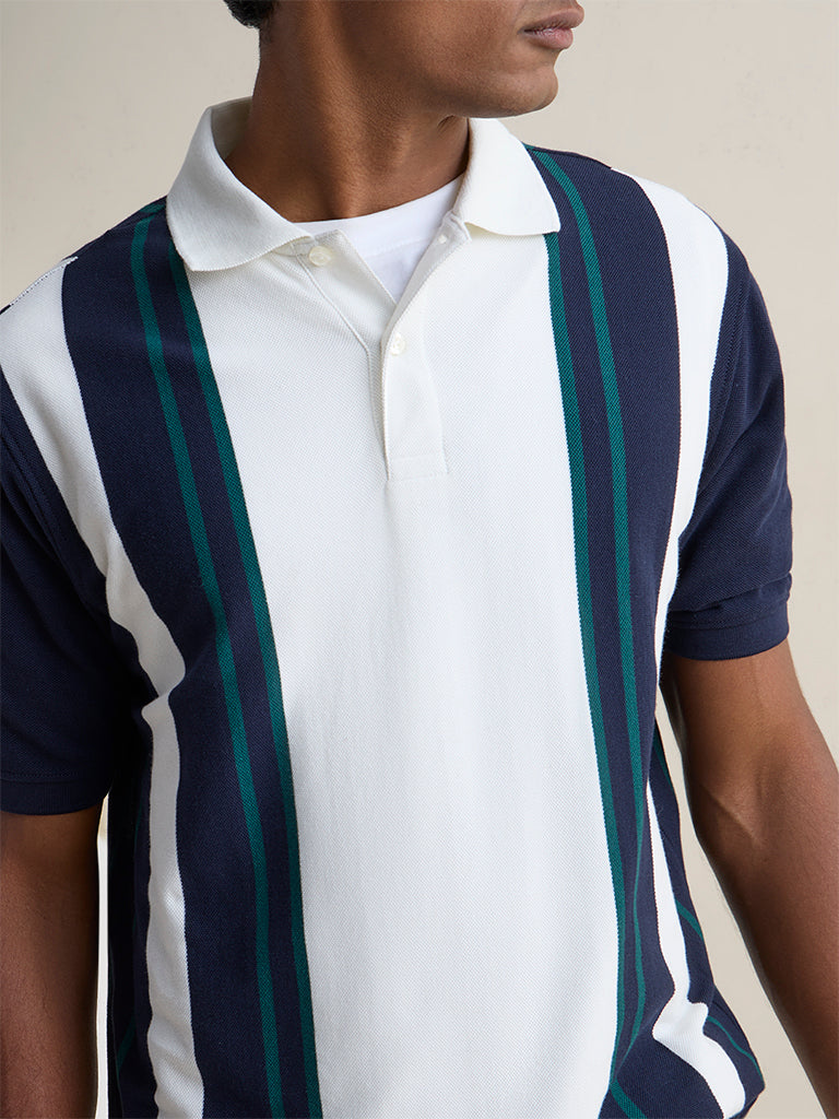 WES Casuals Off-White Striped Relaxed-Fit Cotton-Blend Polo T-Shirt
