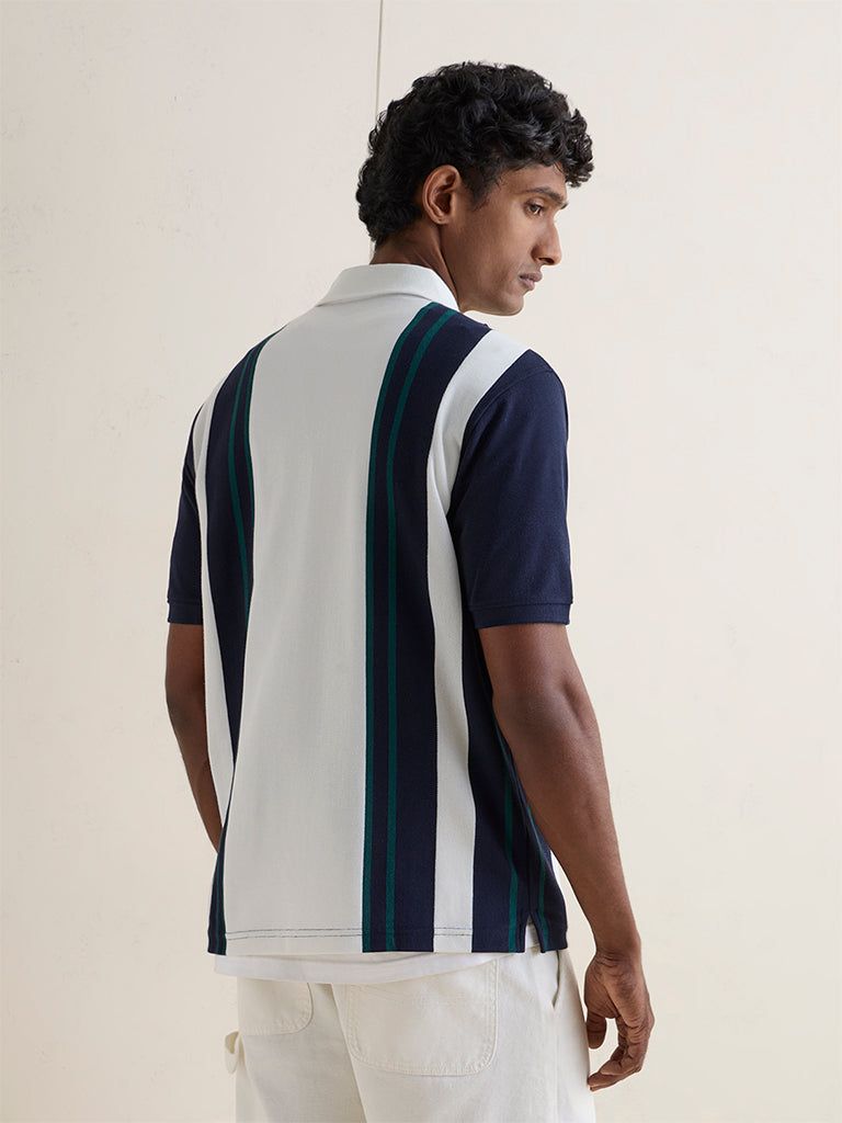 WES Casuals Off-White Striped Relaxed-Fit Cotton-Blend Polo T-Shirt
