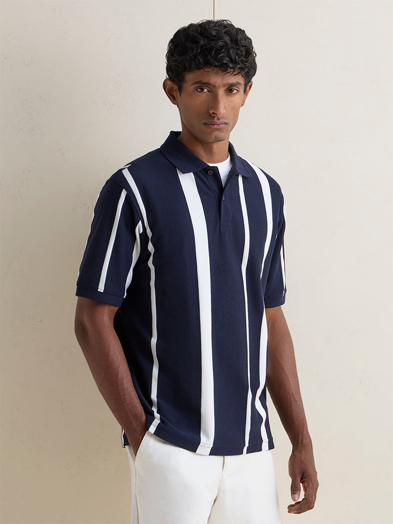WES Casuals Navy Striped Relaxed-Fit Polo T-Shirt