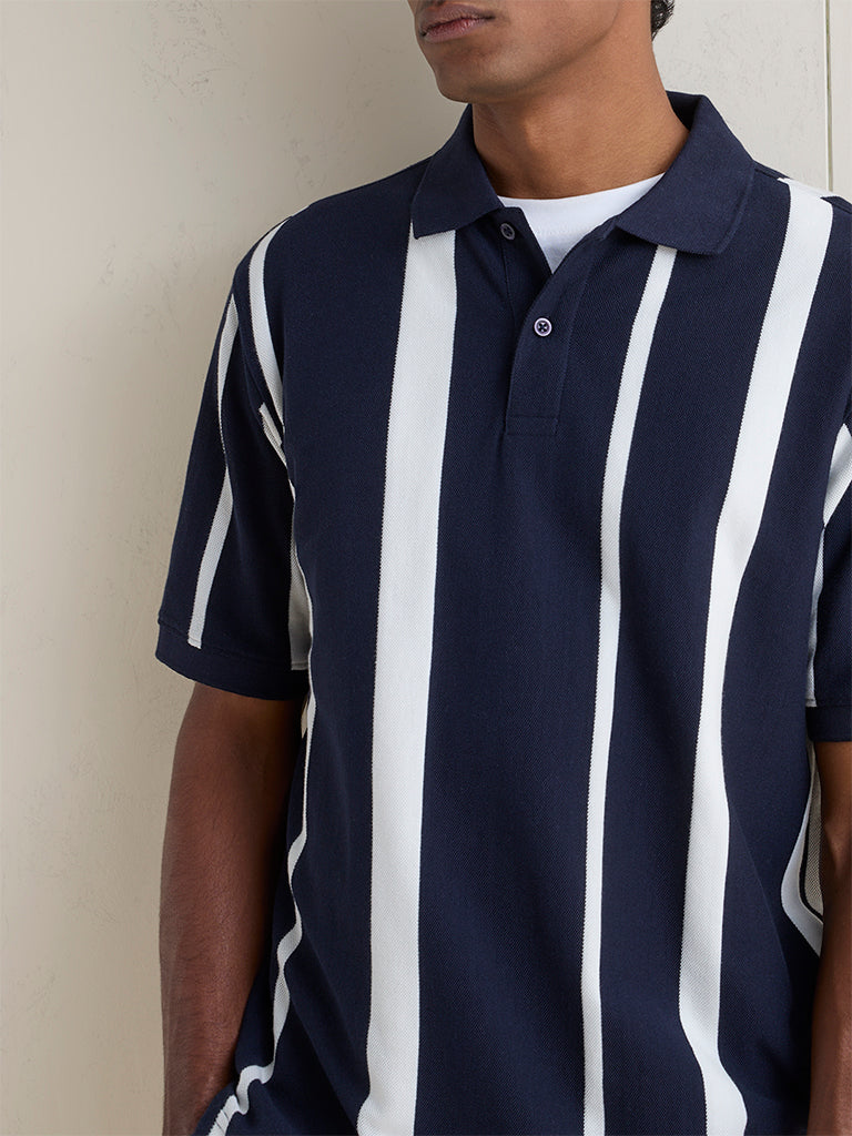 WES Casuals Navy Striped Relaxed-Fit Polo T-Shirt