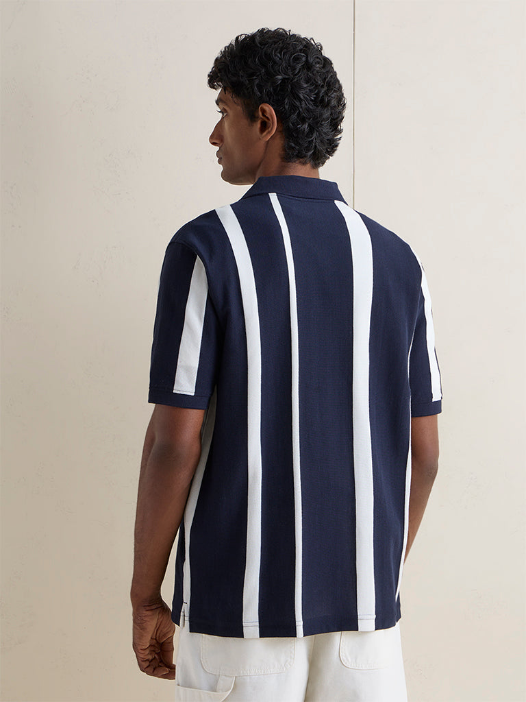 WES Casuals Navy Striped Relaxed-Fit Polo T-Shirt