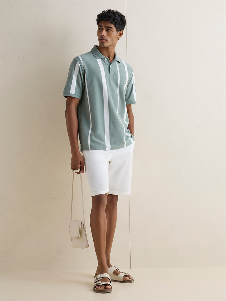 WES Casuals Sage Green Striped Relaxed-Fit Cotton-Blend Polo T-Shirt