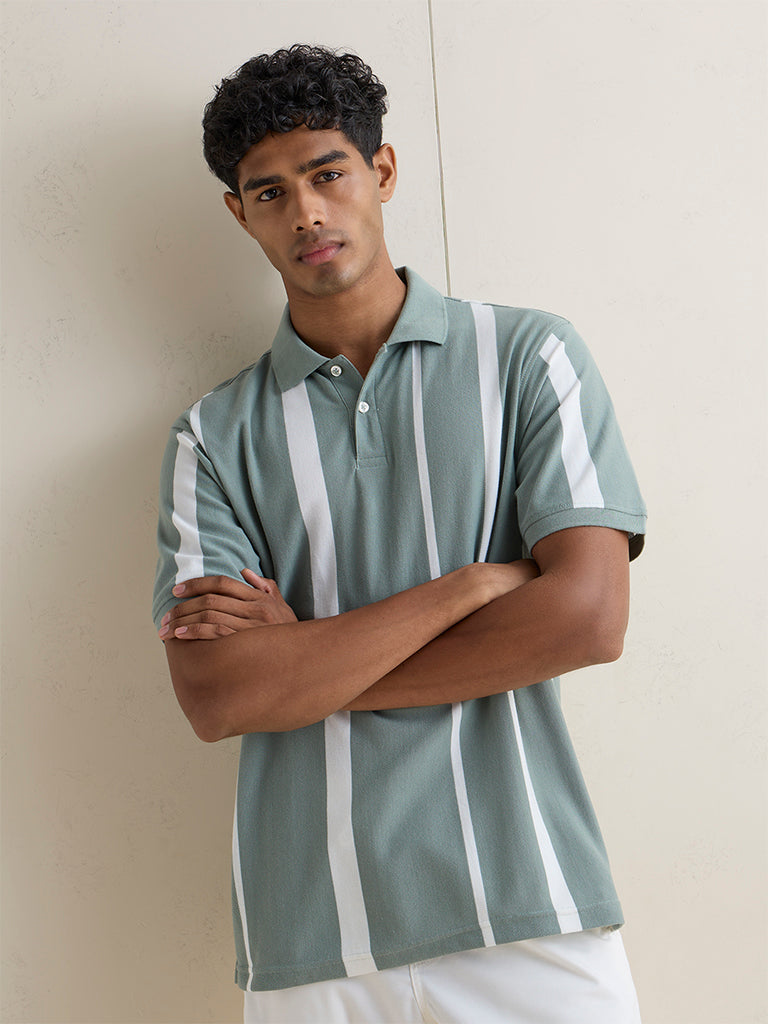 WES Casuals Sage Green Striped Relaxed-Fit Cotton-Blend Polo T-Shirt