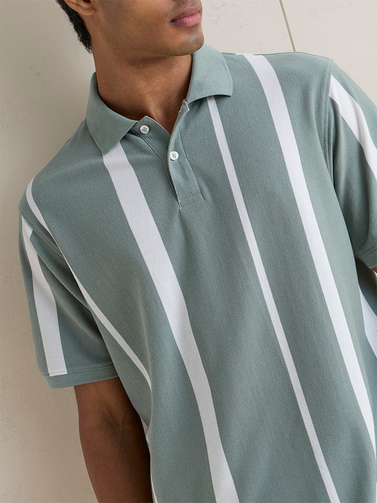 WES Casuals Sage Green Striped Relaxed-Fit Cotton-Blend Polo T-Shirt