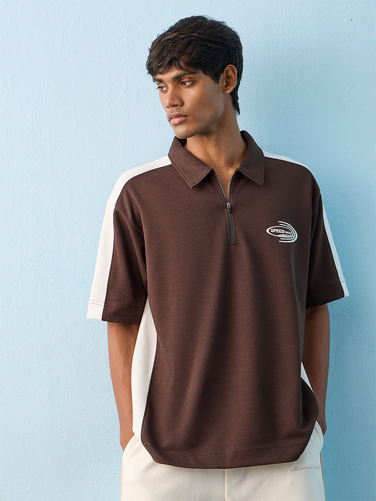 Nuoflexx Brown Text-Detail Relaxed-Fit Cotton-Blend T-Shirt