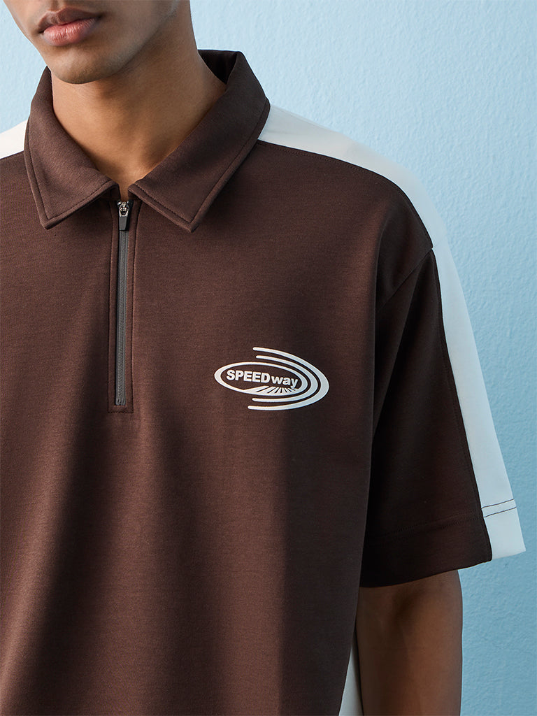 Nuoflexx Brown Text-Detail Relaxed-Fit Cotton-Blend T-Shirt