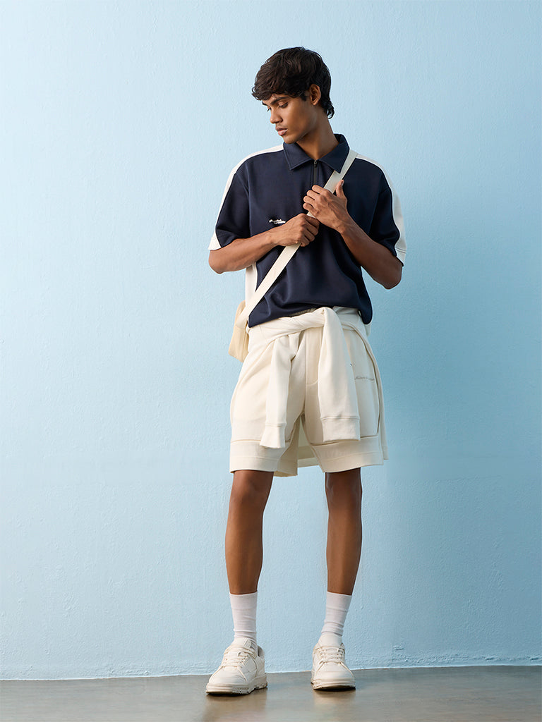 Nuoflexx Navy Colour-Blocked Relaxed-Fit Cotton-Blend Polo T-Shirt