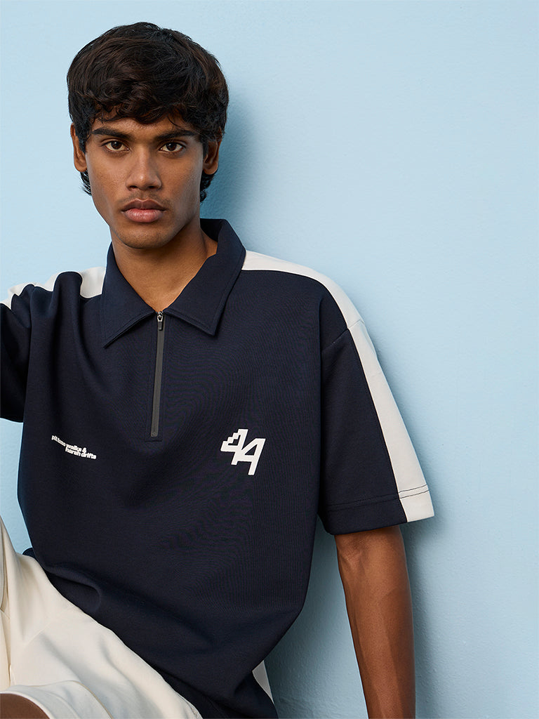 Nuoflexx Navy Colour-Blocked Relaxed-Fit Cotton-Blend Polo T-Shirt