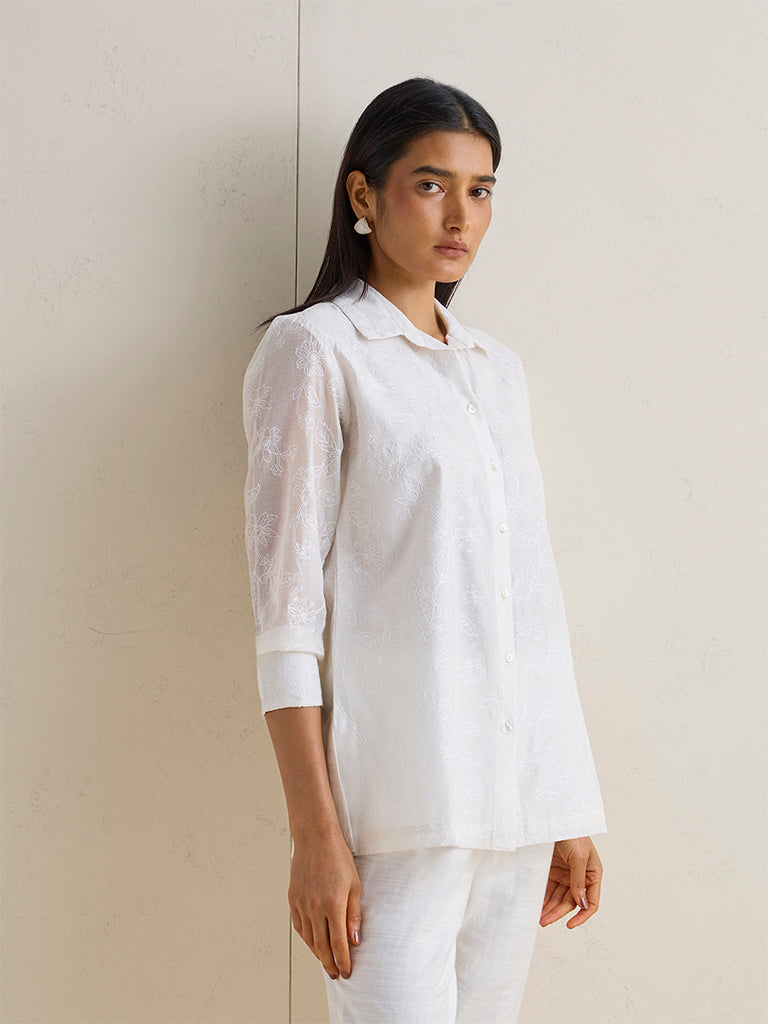 Buy Zuba Off-White Floral Embroidered Cotton-Blend Tunic from Westside
