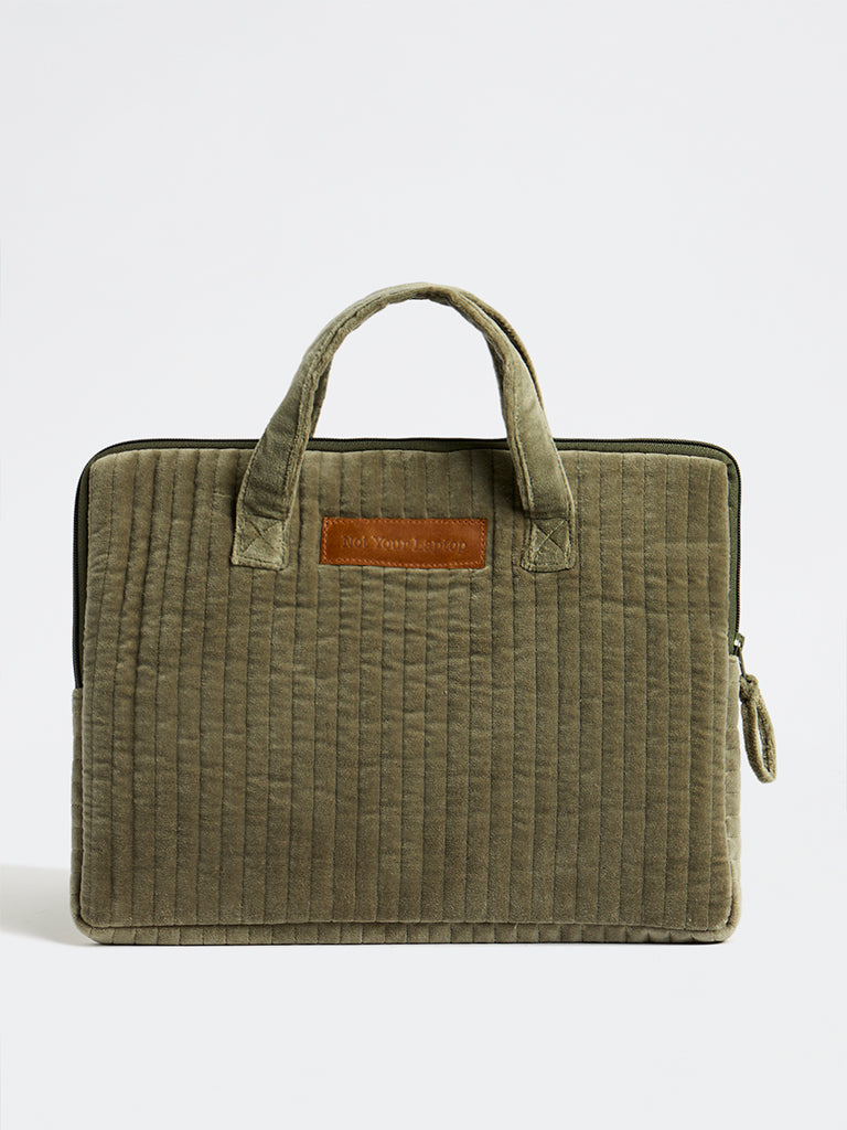 Westside Home Dark Sage Quilted Velvet Laptop Bag
