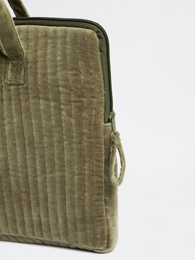 Westside Home Dark Sage Quilted Velvet Laptop Bag