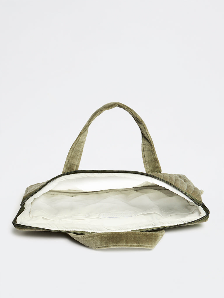 Westside Home Dark Sage Quilted Velvet Laptop Bag