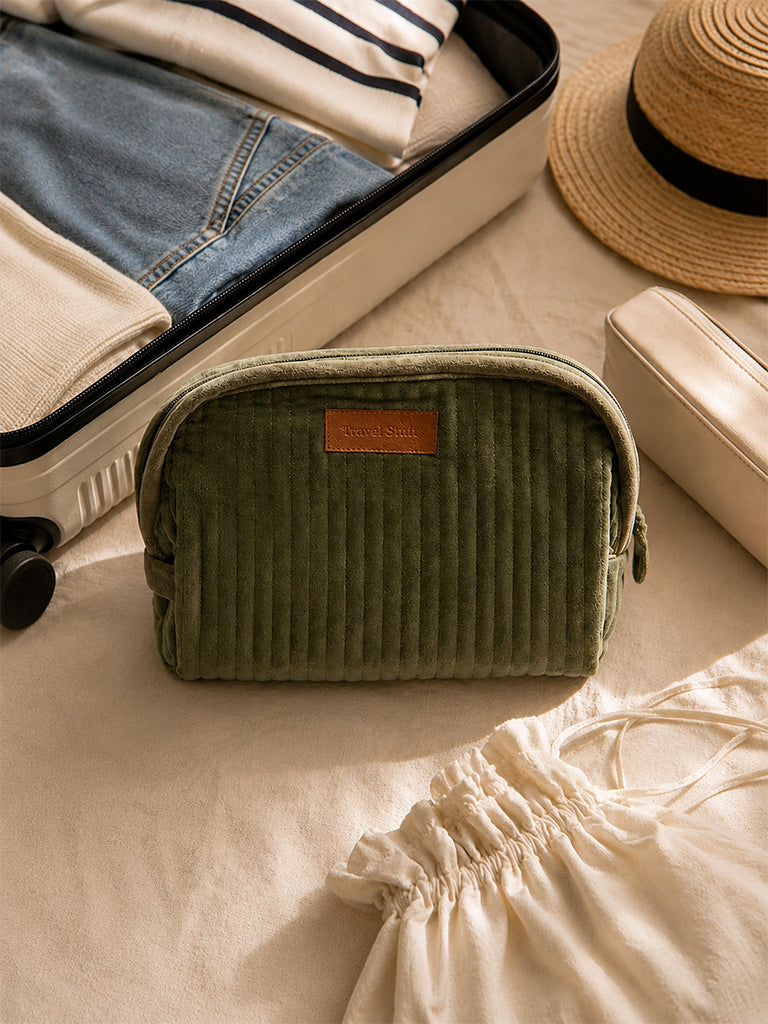 Westside Home Dark Sage Quilted Velvet Travel Pouch
