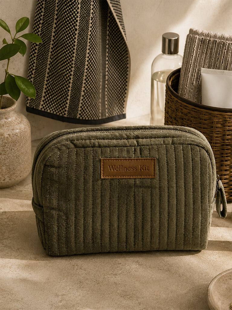 Westside Home Dark Olive Quilted Velvet Travel Pouch