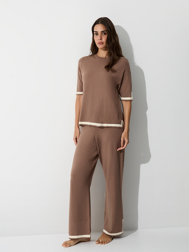 Wunderlove Taupe Contrast-Detailed T-Shirt