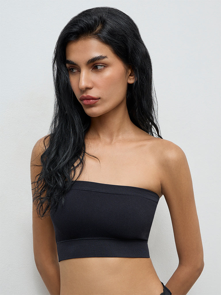 Superstar Black Ribbed Seamfree Padded Bandeau Bra