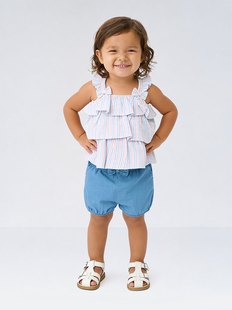 HOP Baby Girls Blue Seersucker Striped Dress with Denim Shorts Set
