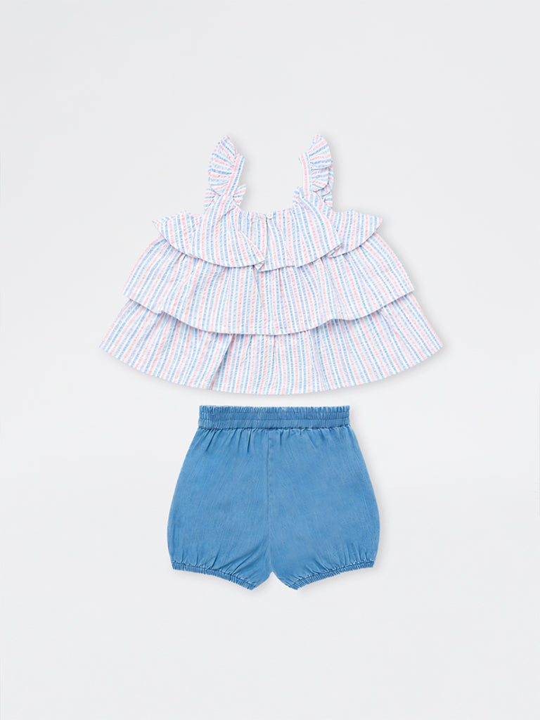 HOP Baby Girls Blue Seersucker Striped Dress with Denim Shorts Set