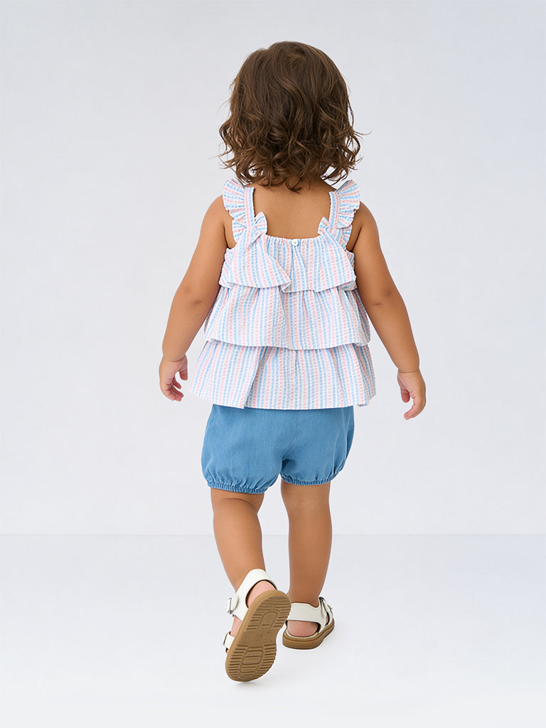 HOP Baby Girls Blue Seersucker Striped Dress with Denim Shorts Set
