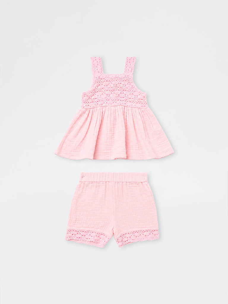 HOP Baby Girls Pink Crochet Embroidered Cotton Top and Shorts Set